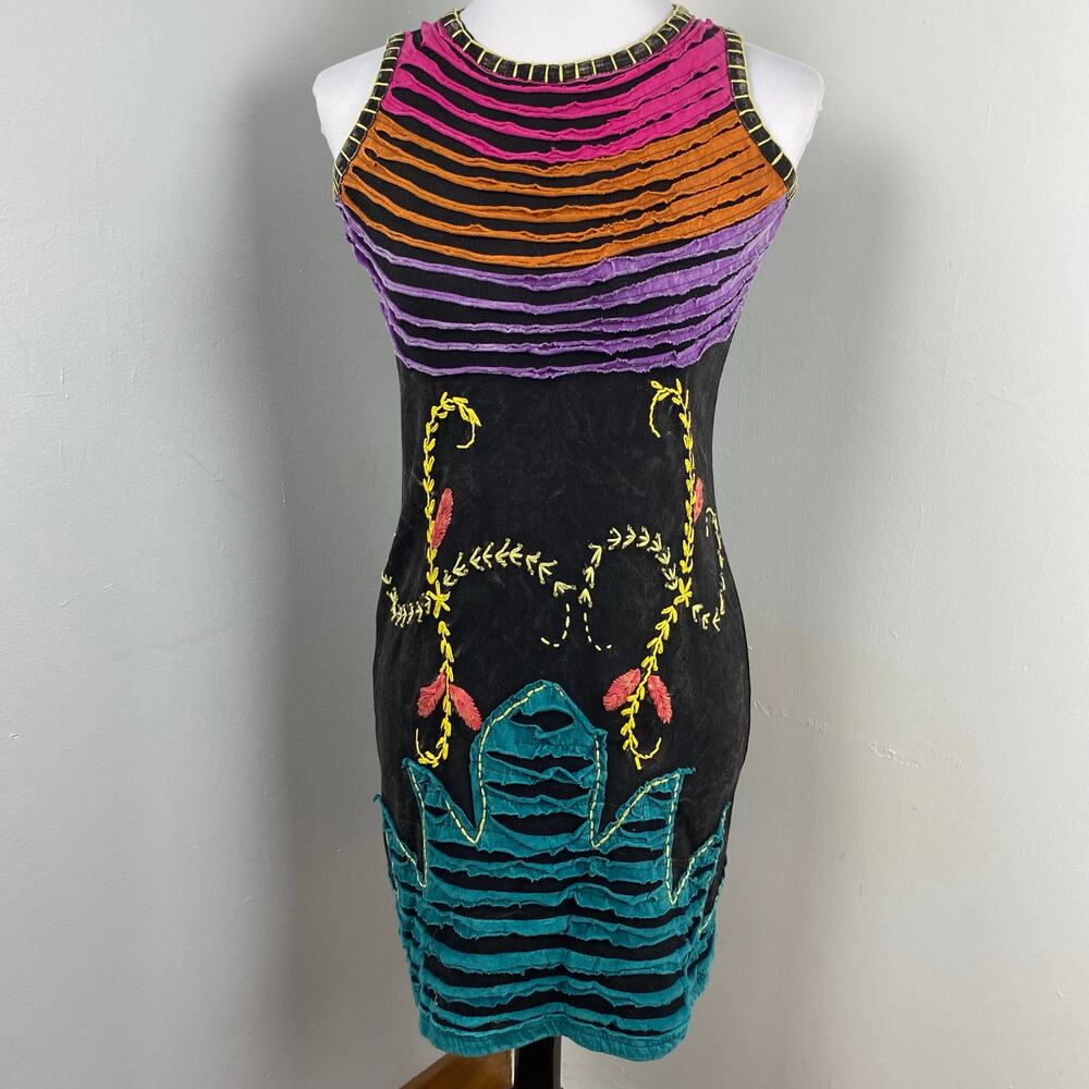 KPC Boho Multicolored Razor Cut Handcrafted Embroidered Dress Small
